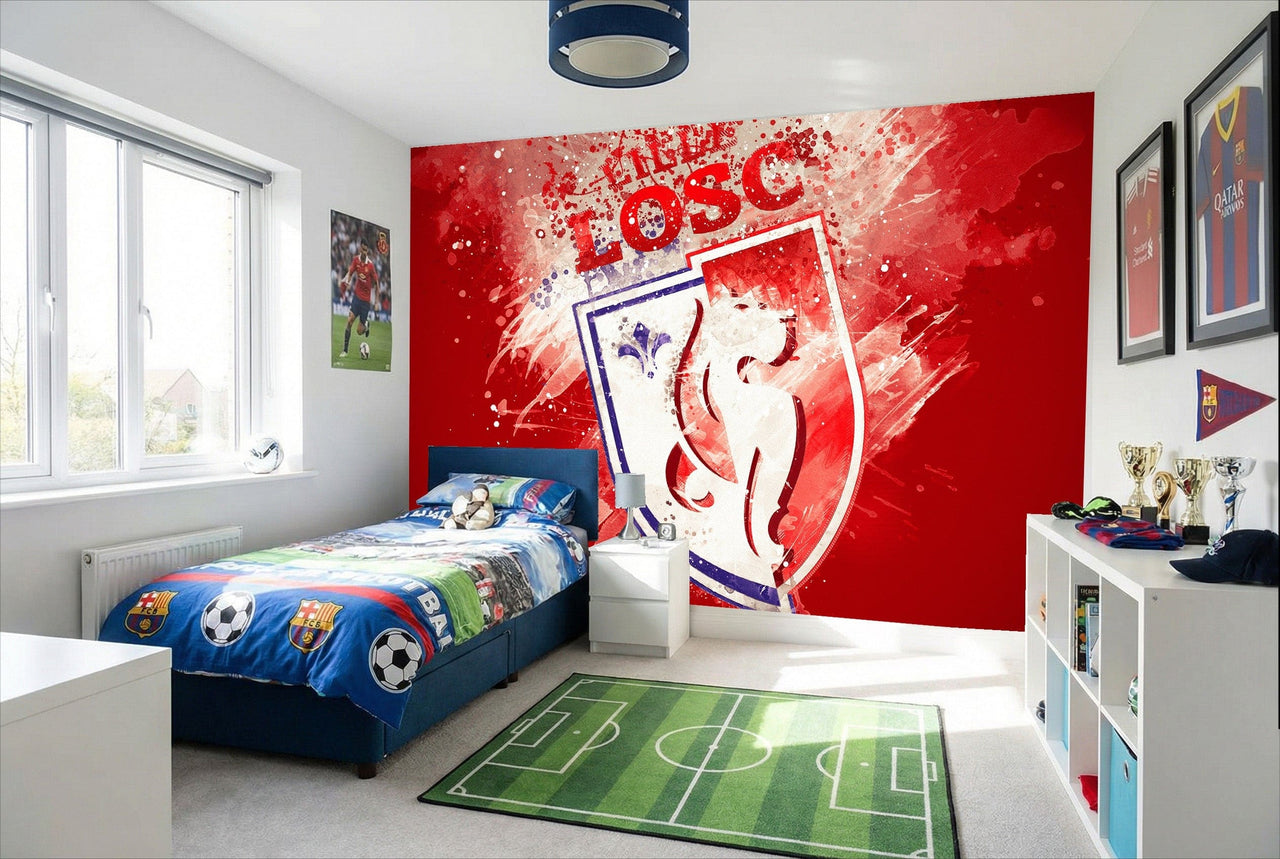 Papier peint lille losc avec effet peinture déco rouge vibrant et lion blanc bleu stylisé en motif mural dynamique