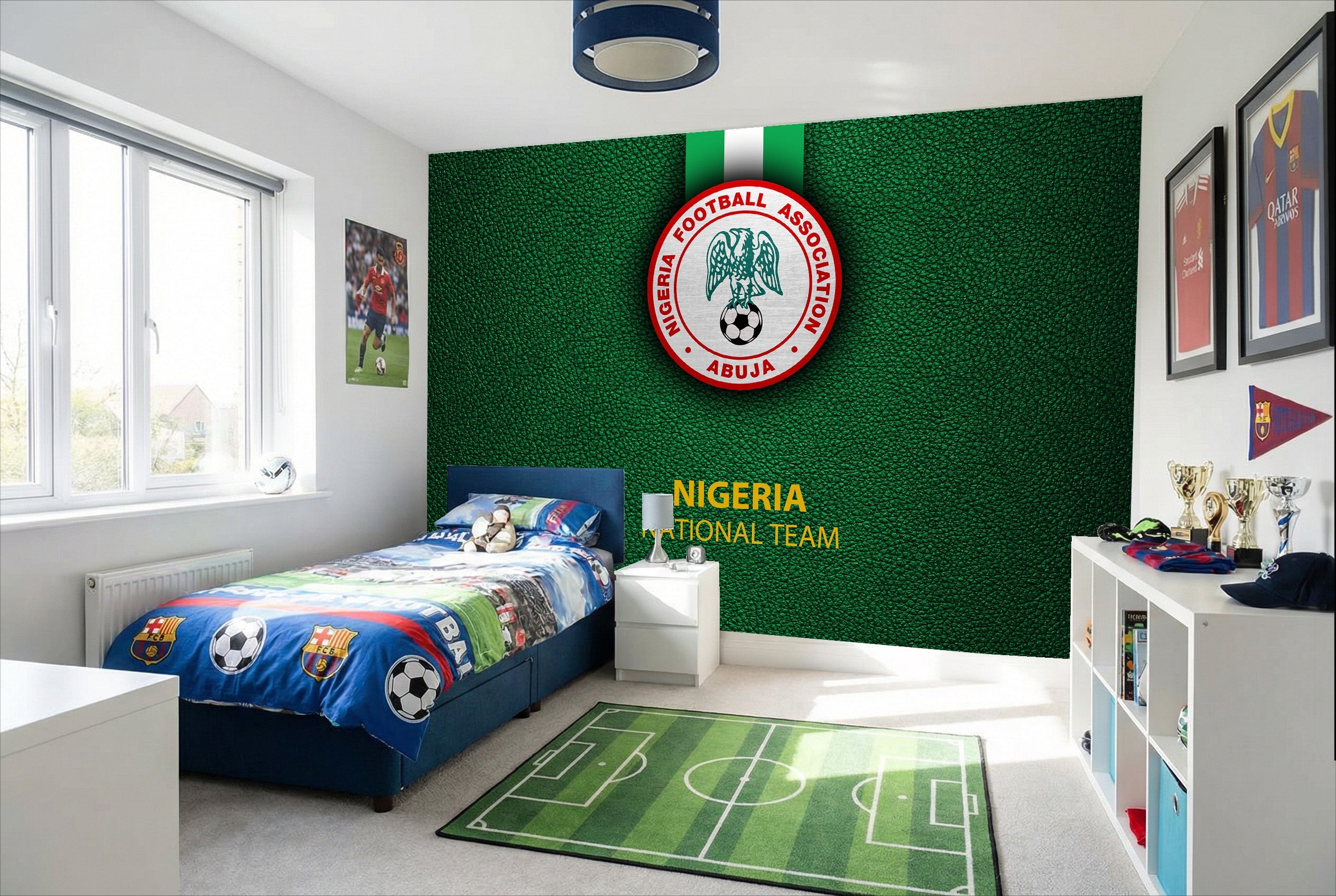 Papier peint football nigeria avec logo nigeria tableau rouge blanc vert sur mur vert texturé