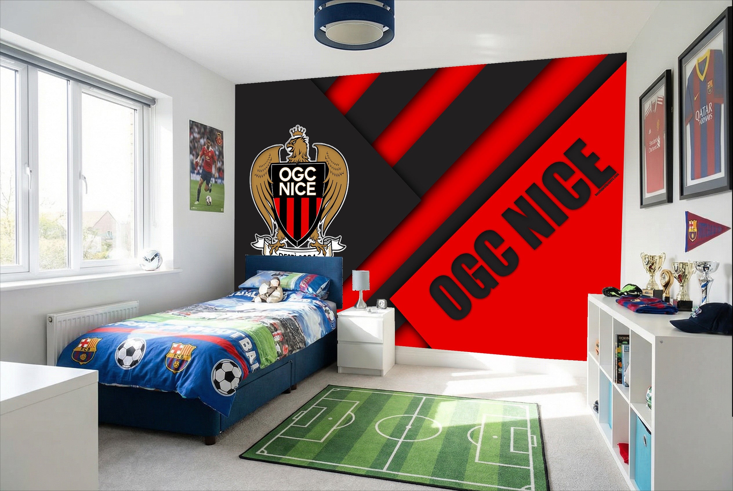 Papier peint football ogc nice avec bande diagonale rouge et noire et logo ogc nice blanc en grand format poster