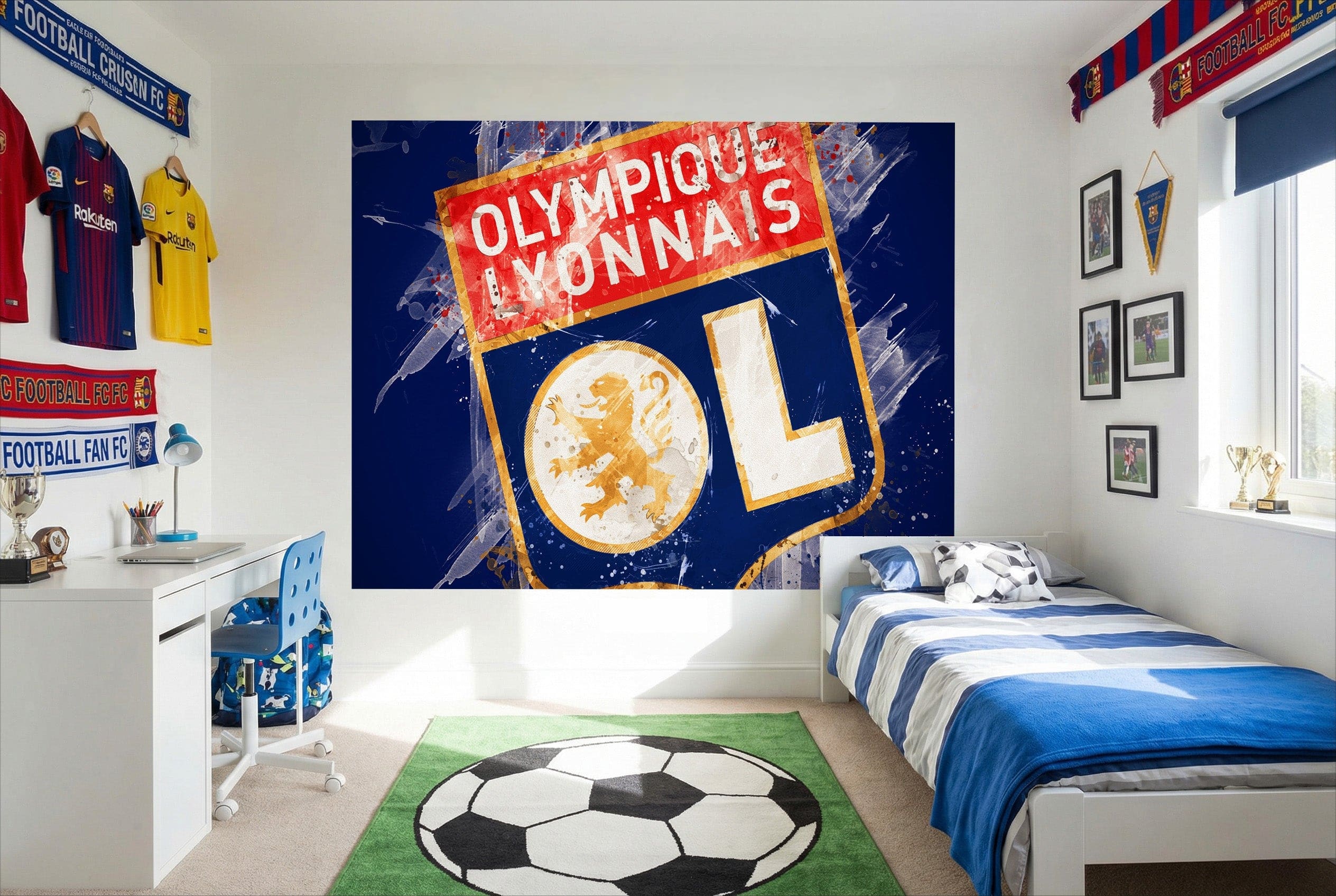 Papier peint football ol lyon avec fresque murale vintage en bleu profond or et blanc idéal tableau fan ol lyon