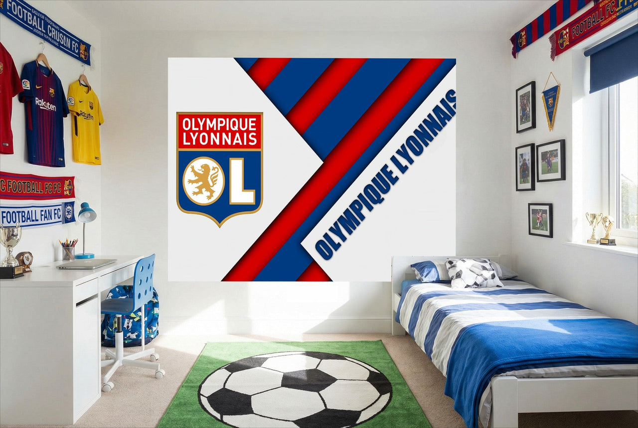 Papier peint football olympique lyonnais avec rayures rouges et bleues et blason sur fond blanc pour mur fan