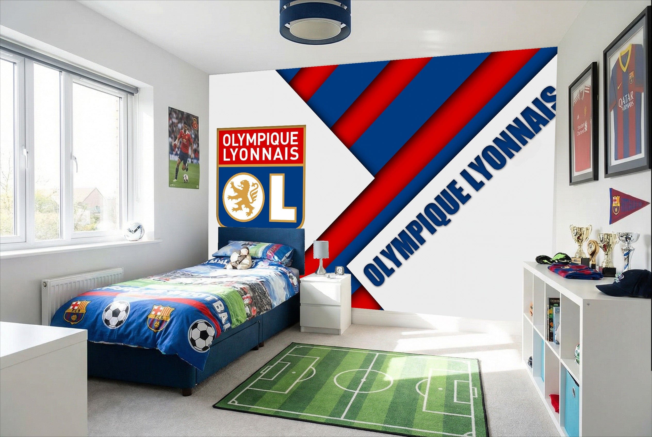 Papier peint football olympique lyonnais avec rayures diagonales rouges blanches bleues et logo de l’équipe