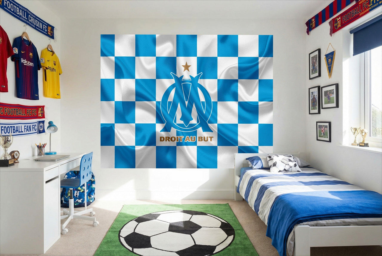 Papier peint football olympique marseille bleu et blanc effet drapeau avec logo et étoile dorée mural