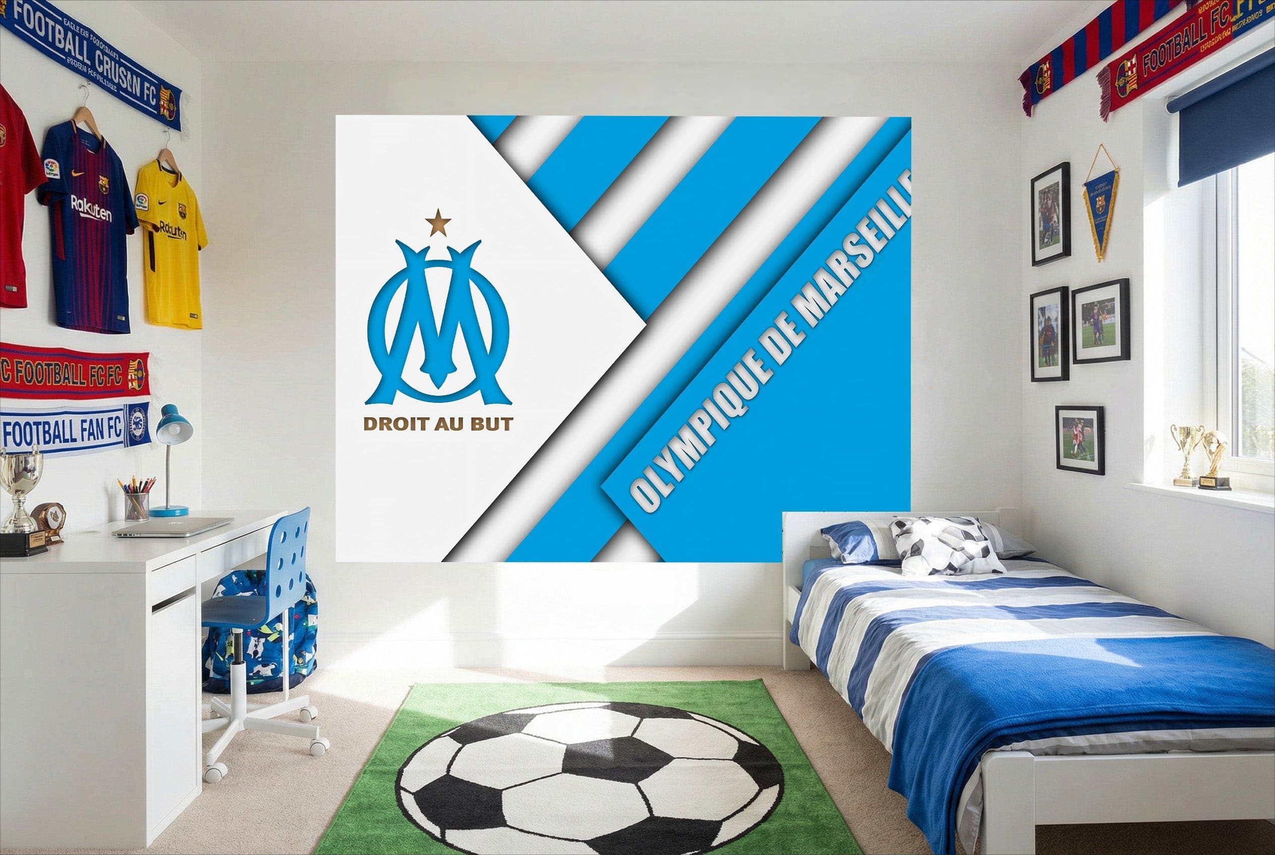 Papier peint football olympique de marseille bleu et blanc avec logo club, étoile et slogan droit au but