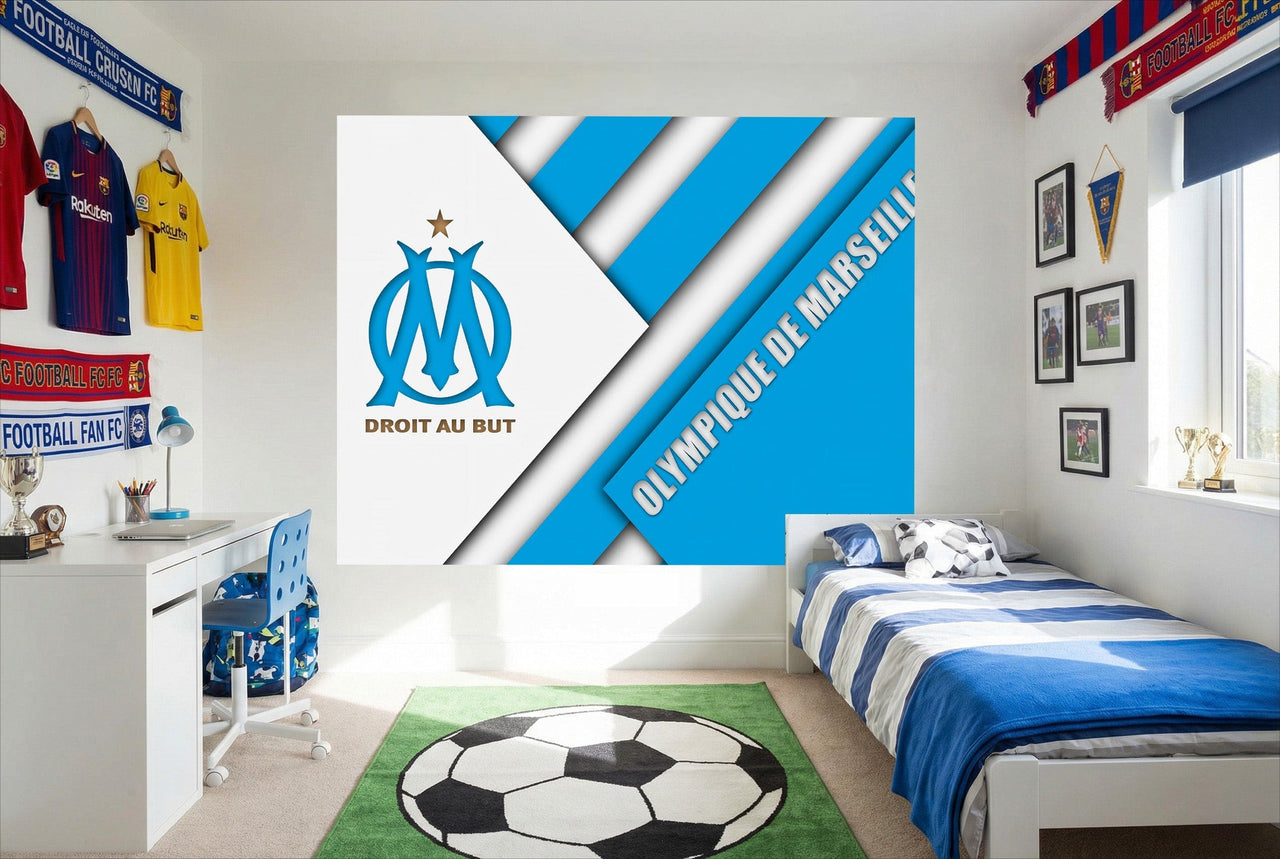 Papier peint football olympique de marseille bleu et blanc avec logo club, étoile et slogan droit au but