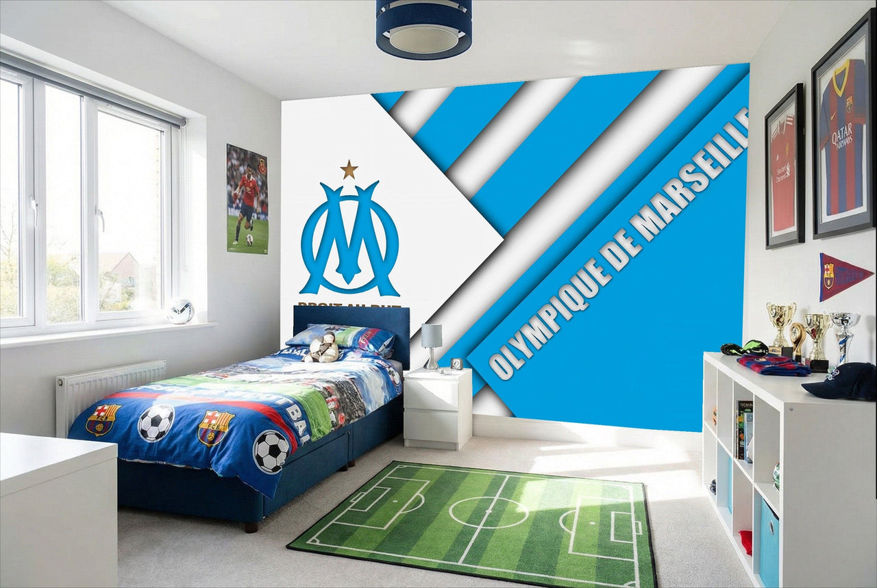 Papier peint football olympique bleu et blanc avec logo sport olympique de marseille pour décoration murale