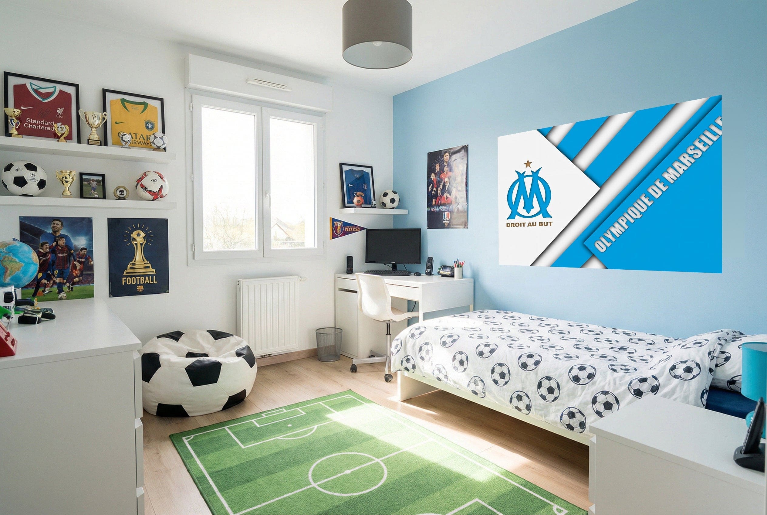 Papier peint football olympique de marseille bleu et blanc avec rayures diagonales et logo equipe