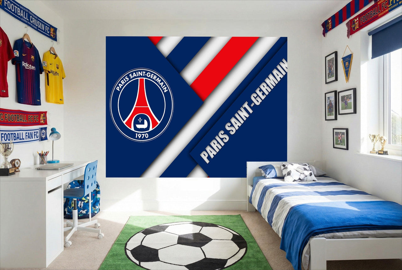 Papier peint football paris psg logo avec rayures diagonales bleu rouge blanc et emblème paris saint-germain visible