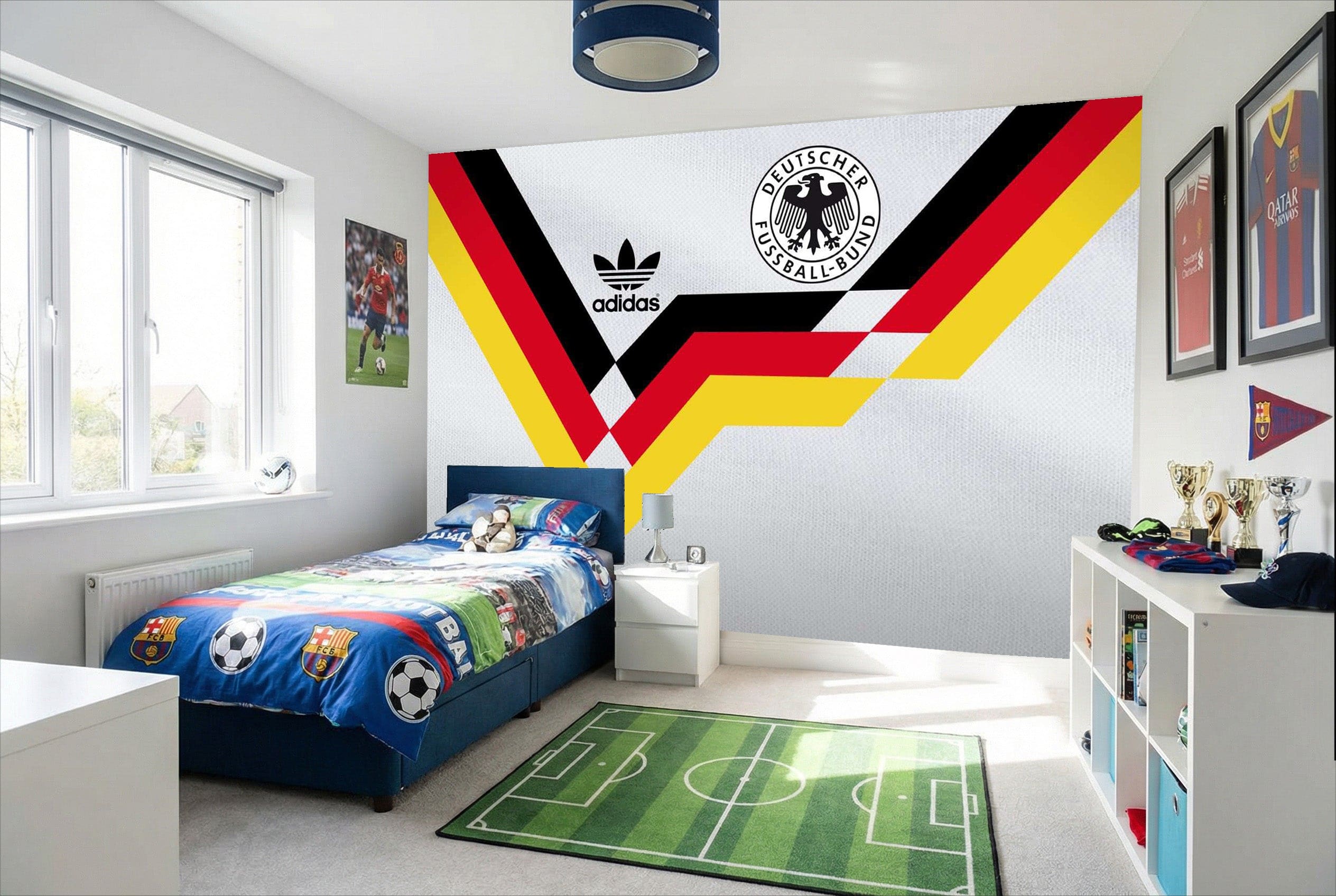 Papier peint football passion adidas équipe d allemagne avec bandes diagonales noir rouge jaune et logo dfb doré