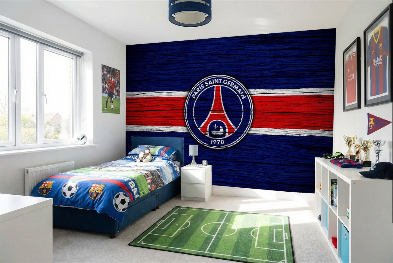 Papier peint psg avec logo paris saint-germain sur rayures bleu et rouge en effet bois pour déco football