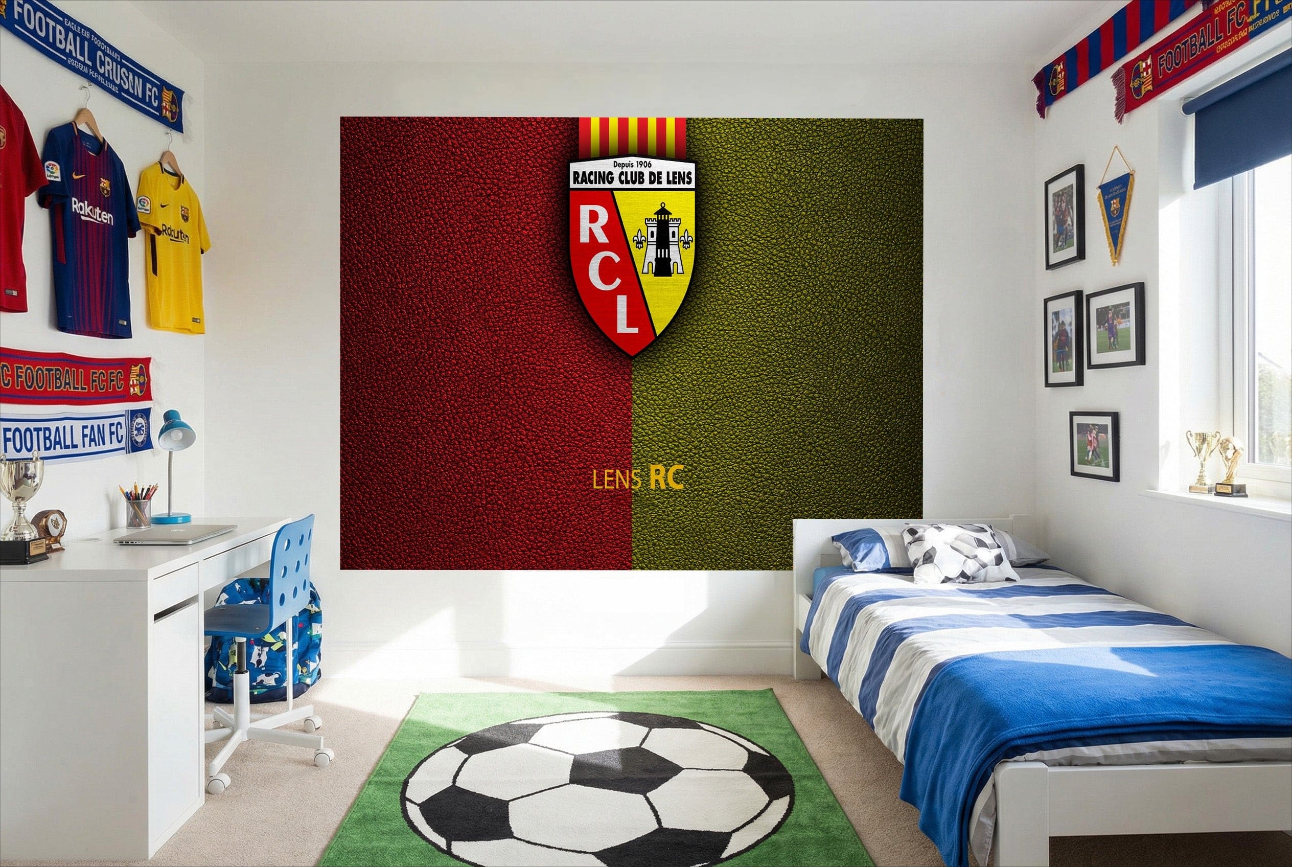 Mur papier peint football avec blason racing club de lens sur fond rouge et vert pour décoration rc lens tableau