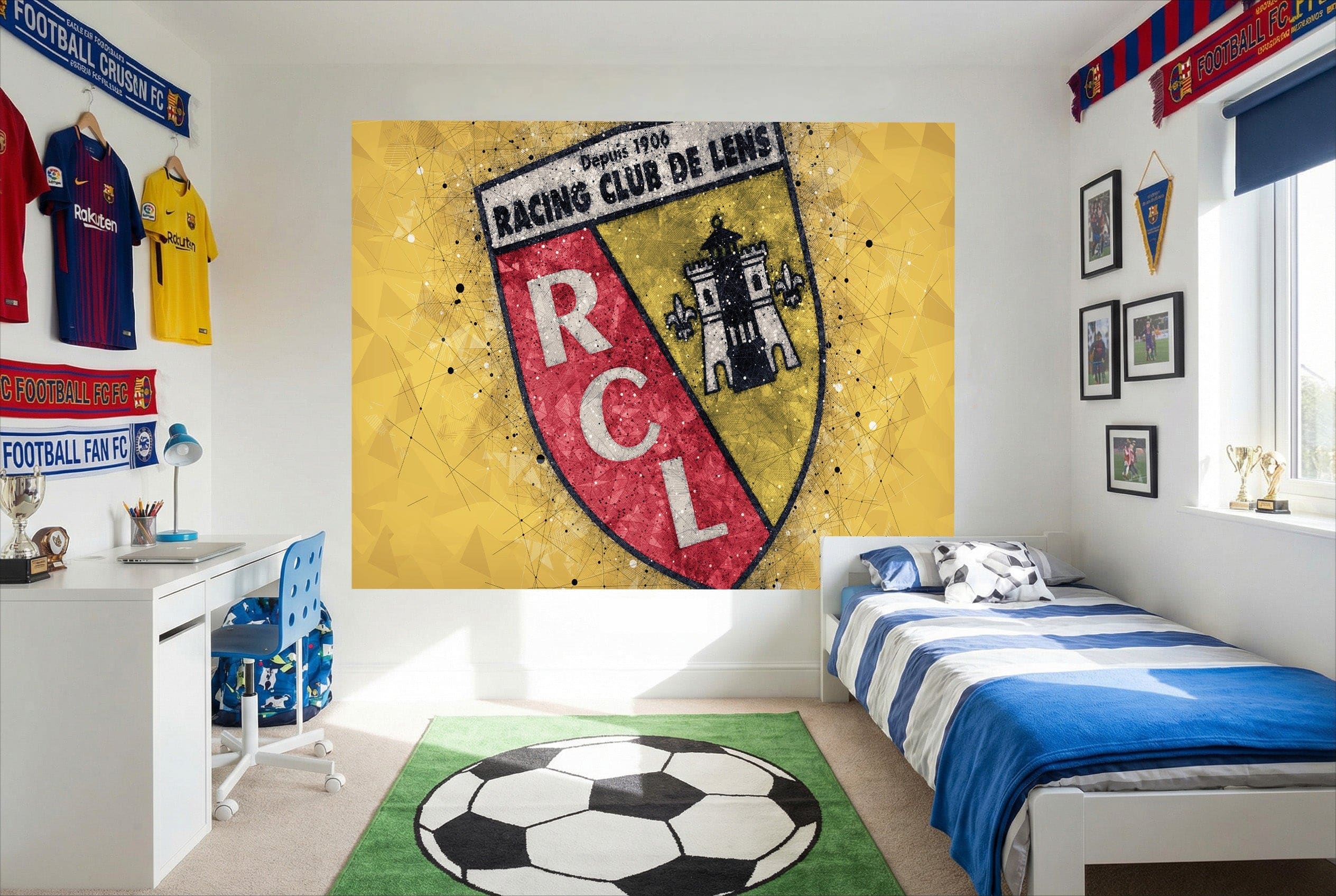 Papier peint football jaune avec peinture rc lens et lens logo tableau en rouge et noir pour décoration murale