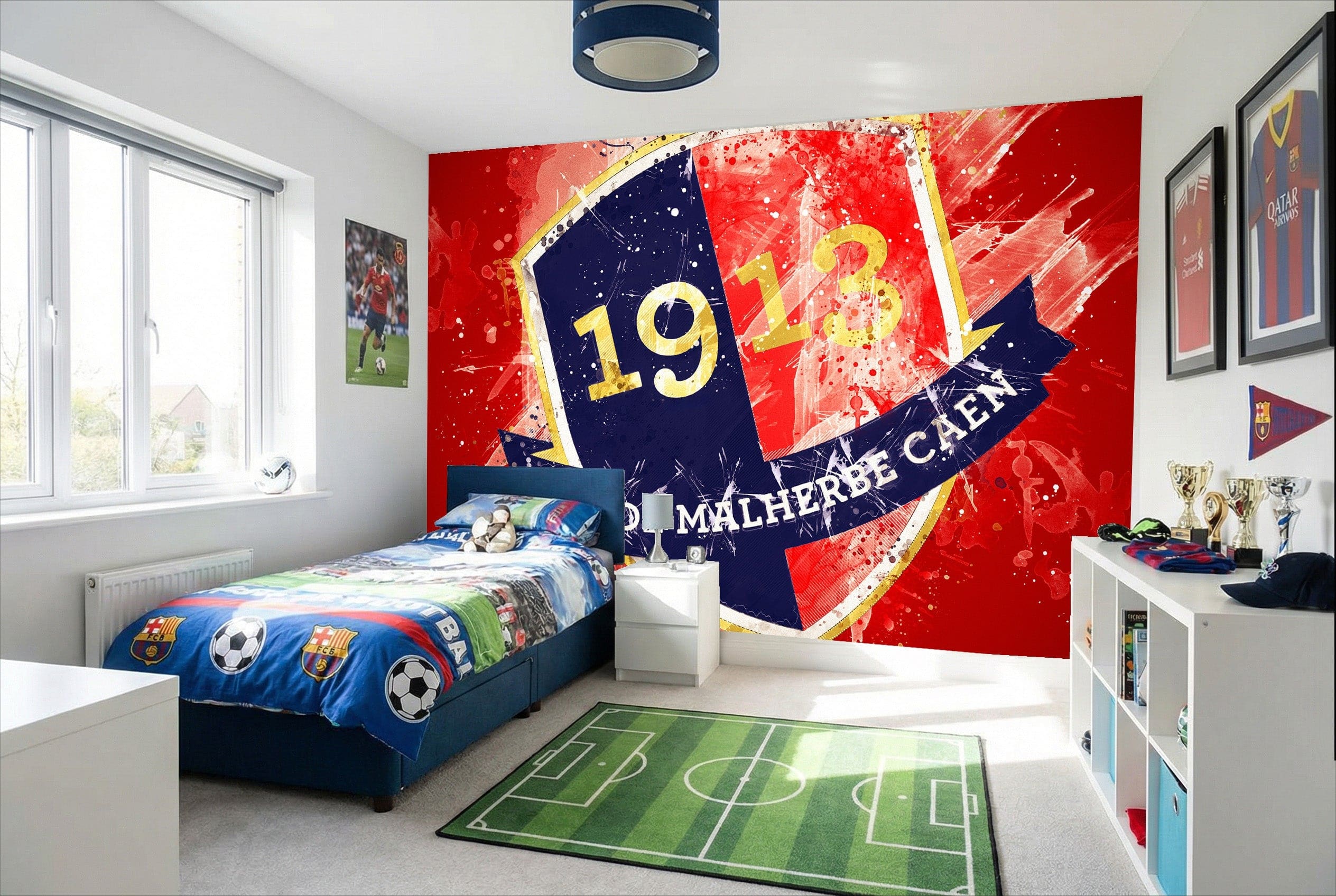 Papier peint stade rouge et bleu avec blason malherbe caen 1913 doré pour décoration football stade caen