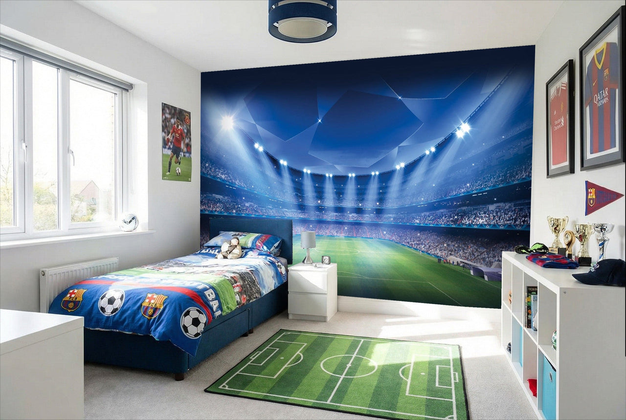 Papier peint football bleu et blanc avec logo d’équipe, idéal pour chambre stade ligue football
