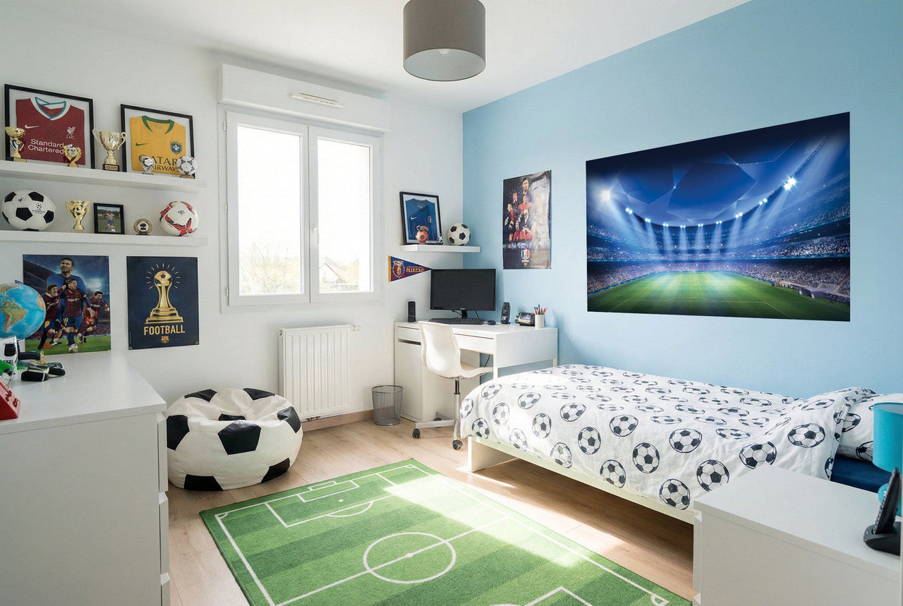 Lit blanc avec literie motif ballon de football noir papier peint football stade ligue pour chambre sportive