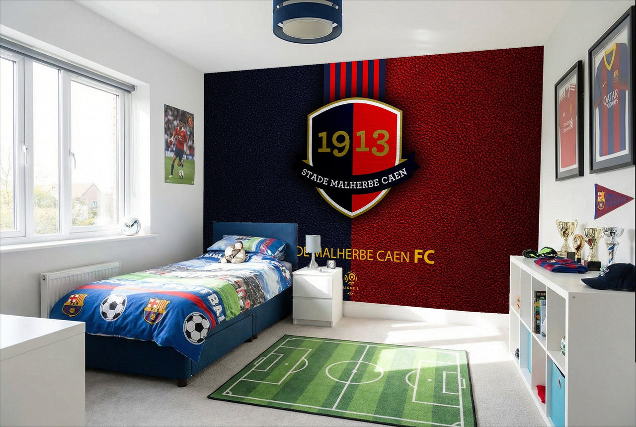 Papier peint football stade malherbe caen avec design texturé rouge bleu et emblème doré noir blanc visible