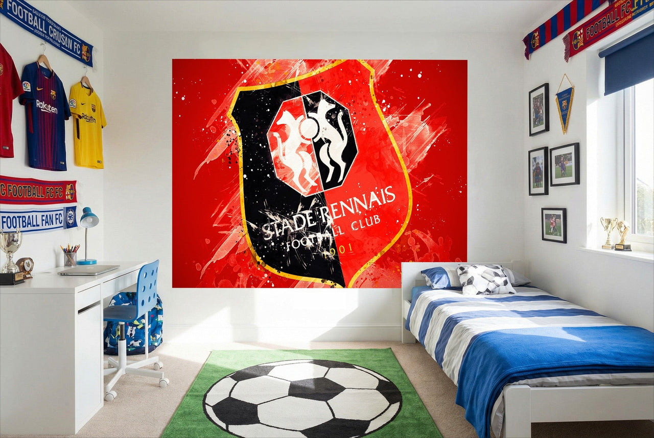 Papier peint stade rennais rouge vibrant avec blason et accents noirs et blancs pour décoration football dynamique