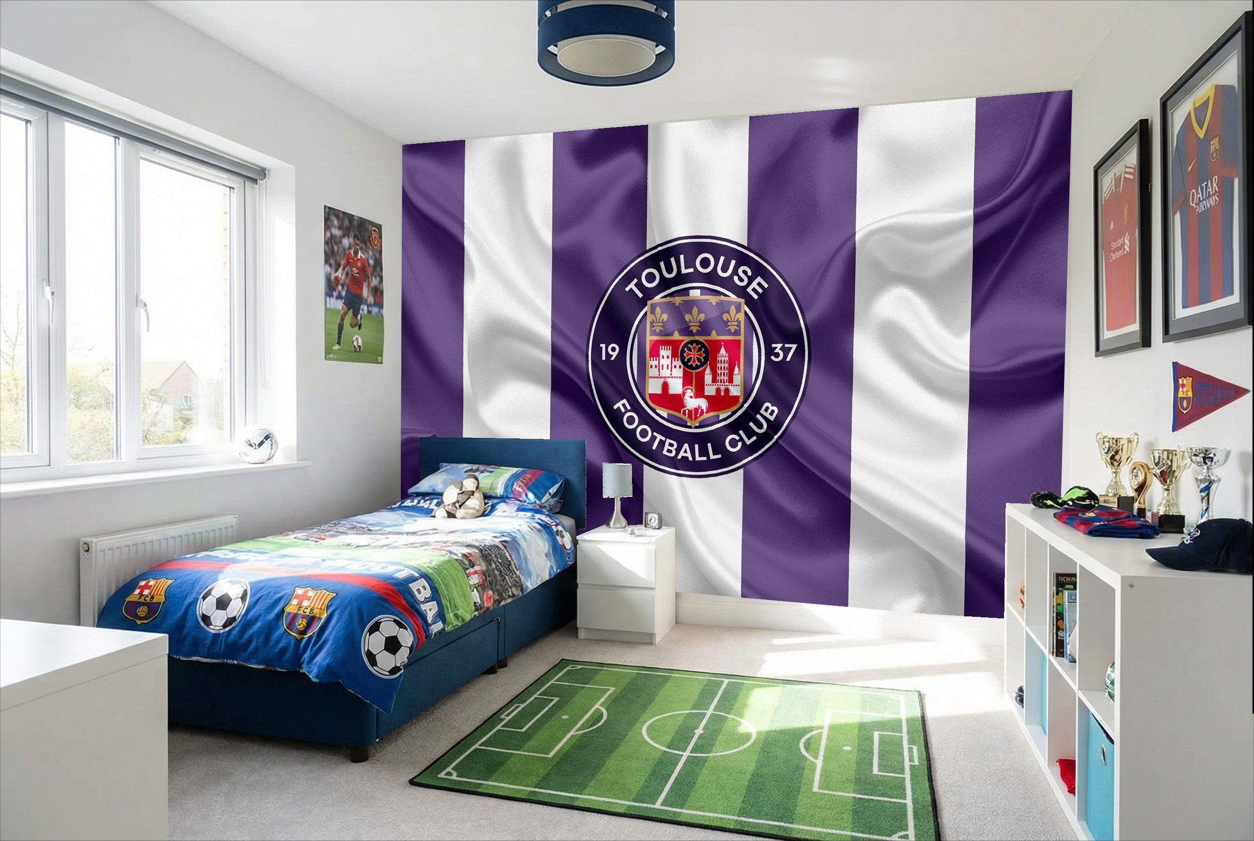 Papier peint football toulouse drapeau avec rayures verticales violettes et blanches et blason du club toulouse fc