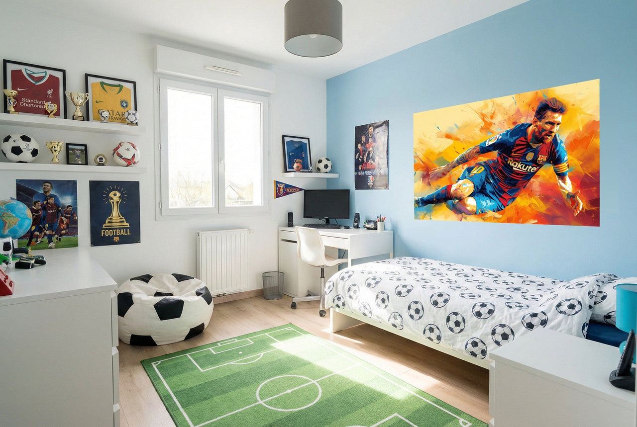 Papier peint lionel messi fc barcelona avec un mural dynamique de joueur de football sur fond bleu