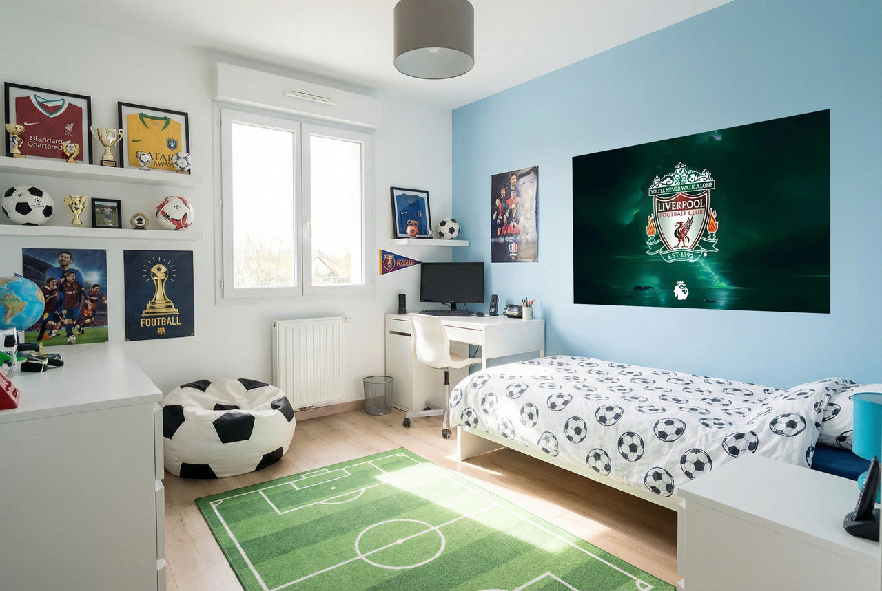 Lit blanc avec literie motif ballon de football noir papier peint liverpool déco fan sports papier peint football