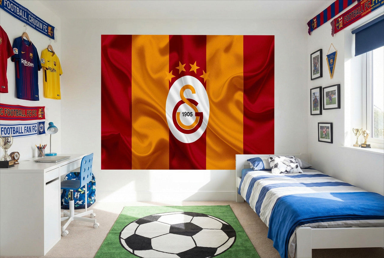 Papier peint logo galatasaray rouge et or avec emblem club centre blanc étoiles et texte 1905 pour déco fan football