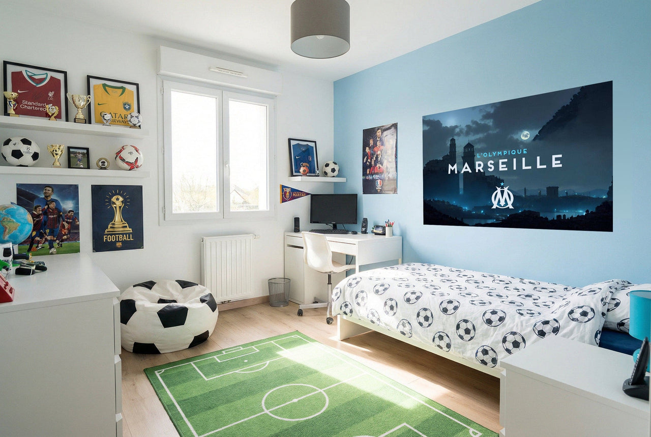 Lit blanc avec literie papier peint football motif ballon de foot noir passion marseille