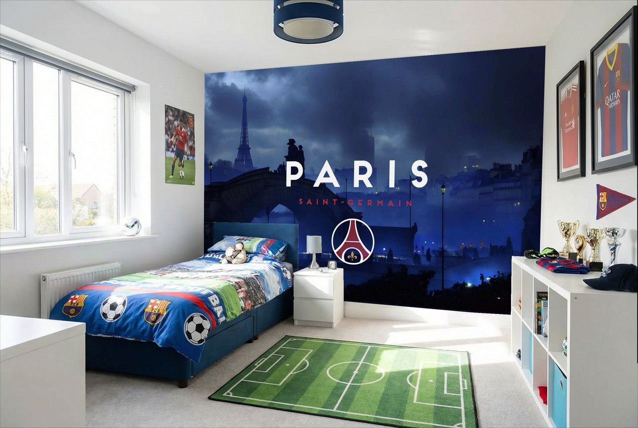 Papier peint paris sg avec logo et paysage nocturne pour déco fan de football moderne et stylée