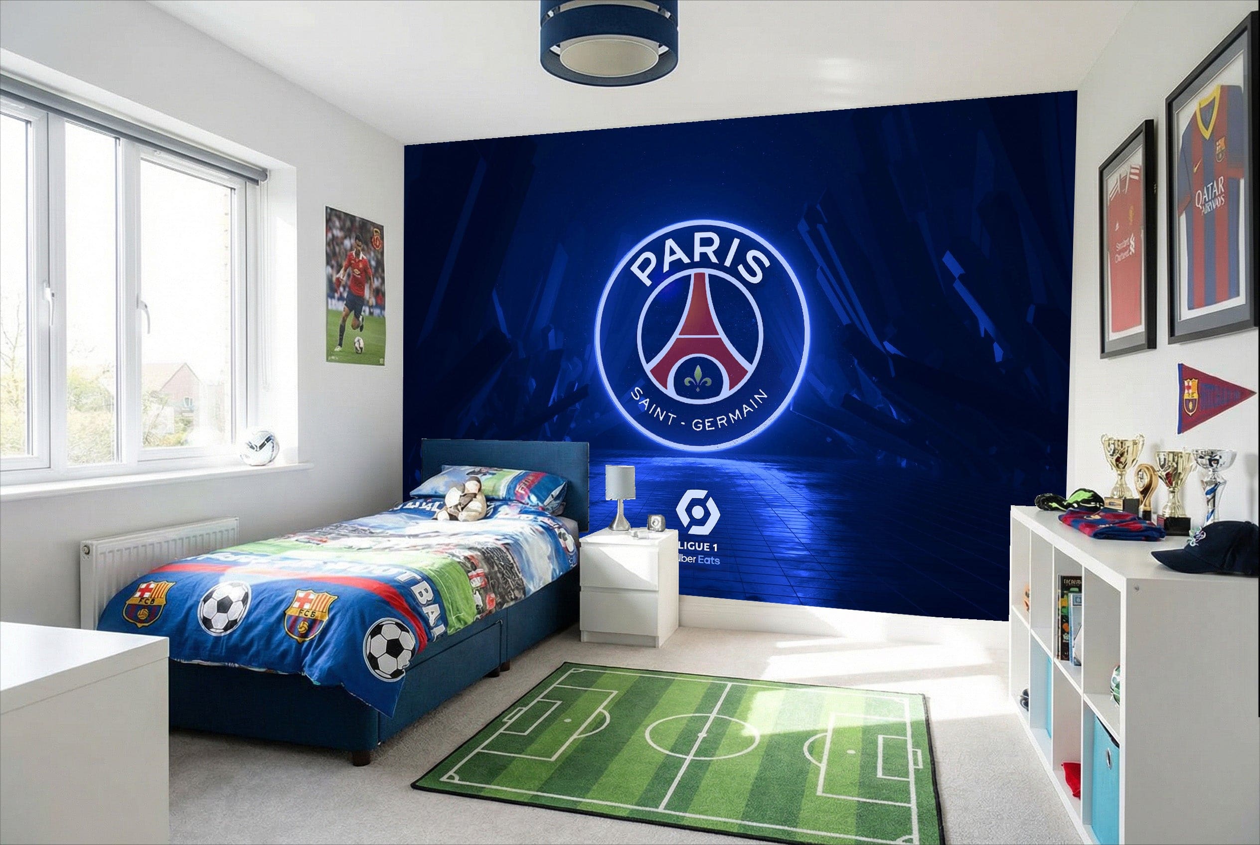 Papier peint psg avec logo paris saint-germain lumineux bleu et rouge sur fond bleu marine pour déco passion foot