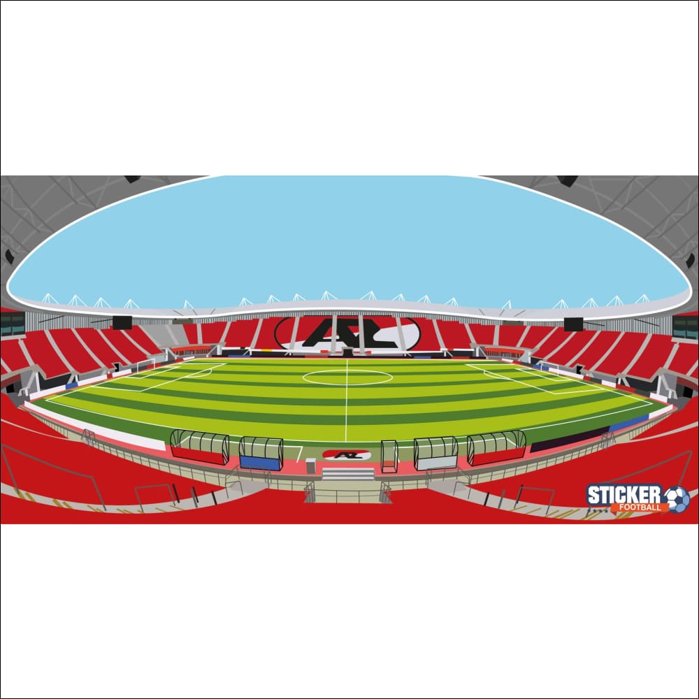 Stade de football rouge et vert avec toit blanc, sièges et design de terrain.