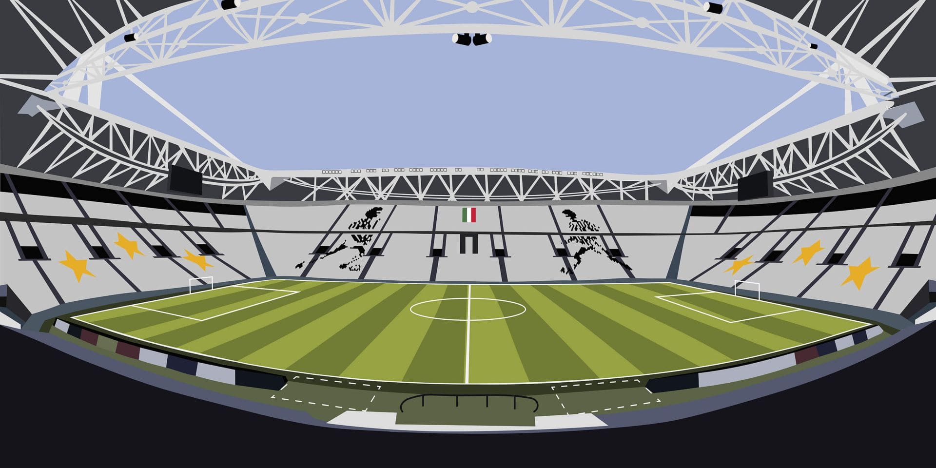 Terrain de football vert avec des lignes blanches et des poteaux de but, entouré d’une structure de toit de stade moderne.
