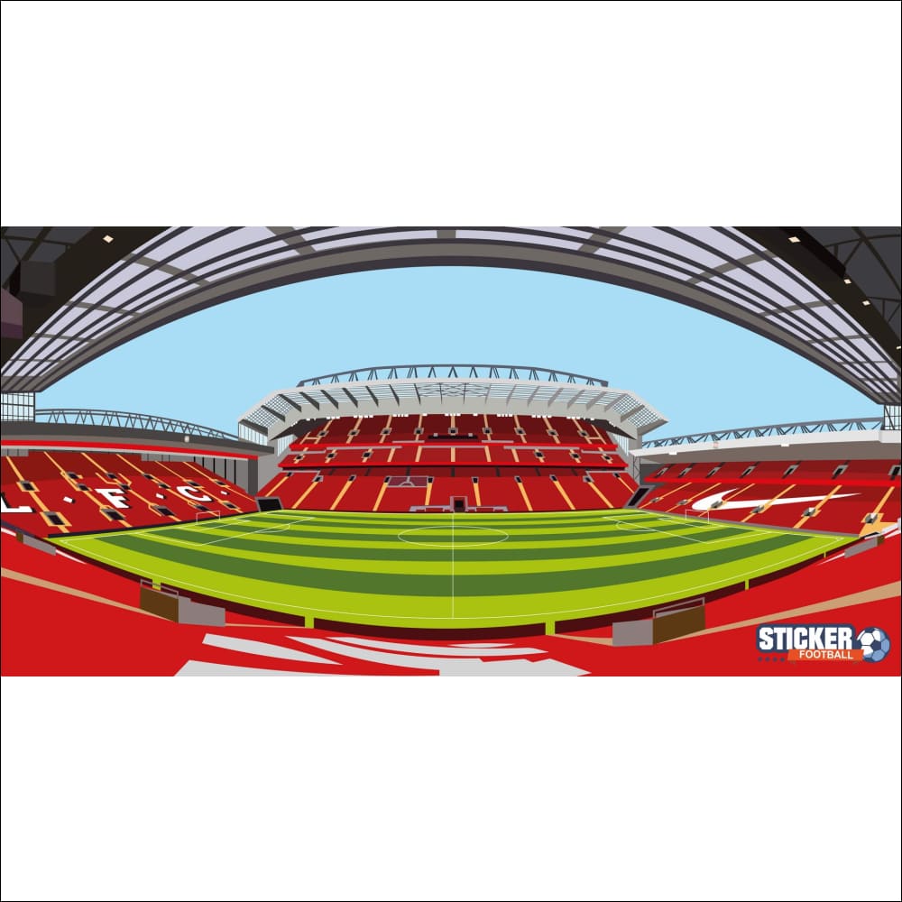 Stade de football rouge et vert avec un design de toit courbé, logo de la marque populaire Liverpool FC.