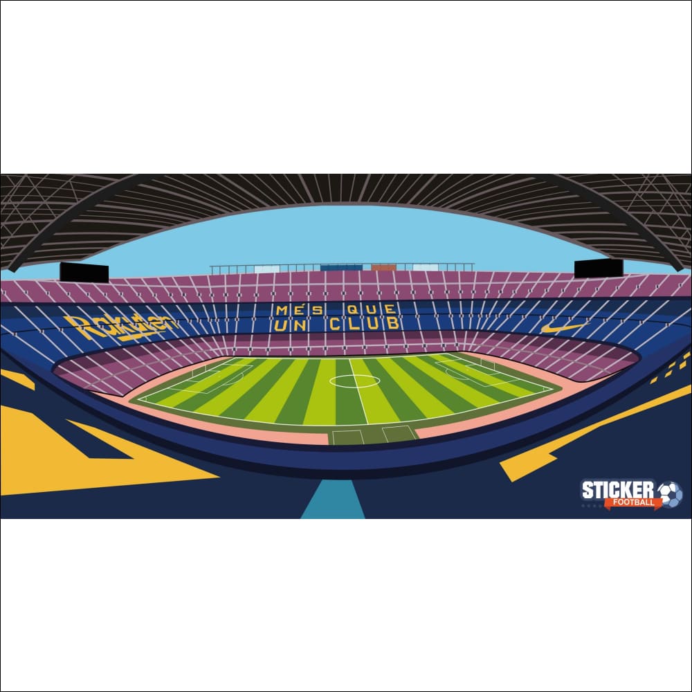 Stade de football avec pelouse verte, sièges bleus et rouges, logo Nike Swoosh sur le toit.