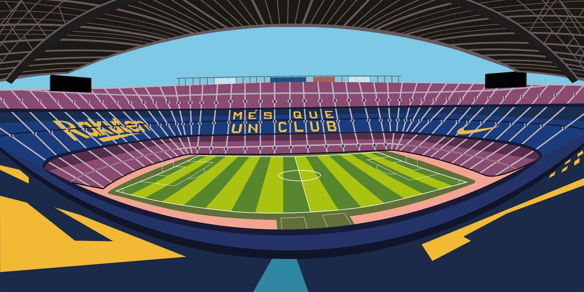 Stade de football avec pelouse verte, sièges bleus et rouges, logo Nike Swoosh sur le toit.