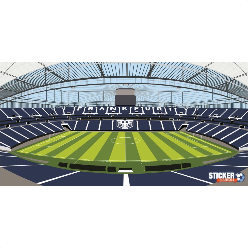 Terrain de football rayé vert et blanc avec des sièges bleus dans un design de stade.