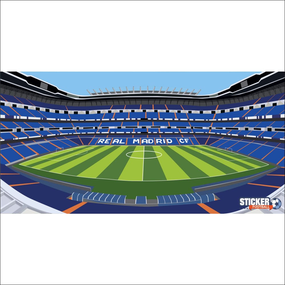 Stade bleu et blanc avec terrain vert, logo du Real Madrid CF.