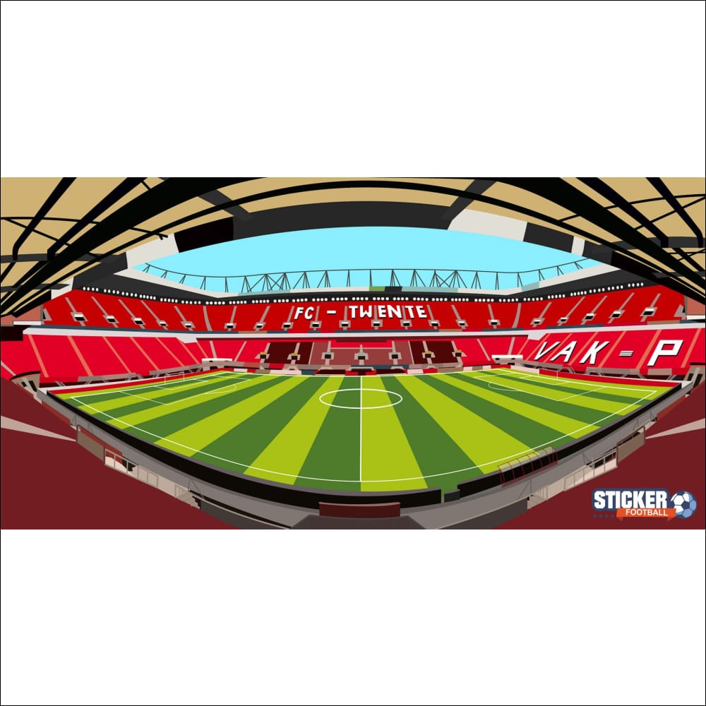 Terrain de football rayé rouge et vert avec l’inscription blanche « fc twente » sur le terrain.