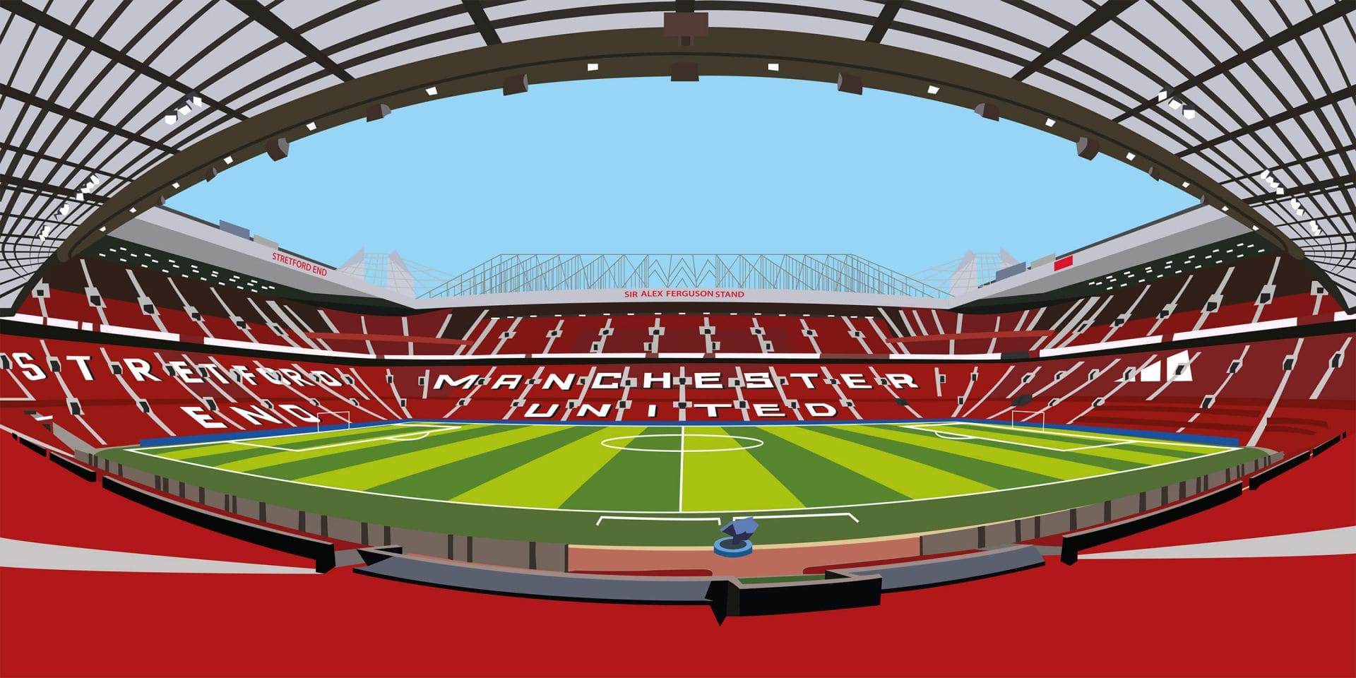 Stade rouge et blanc avec terrain vert, design de sièges courbé, logo de la marque populaire Manchester United.