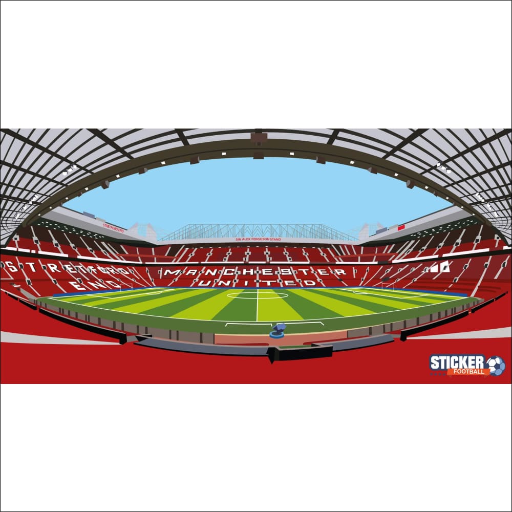 Stade rouge et blanc avec terrain vert, design de sièges courbé, logo de la marque populaire Manchester United.