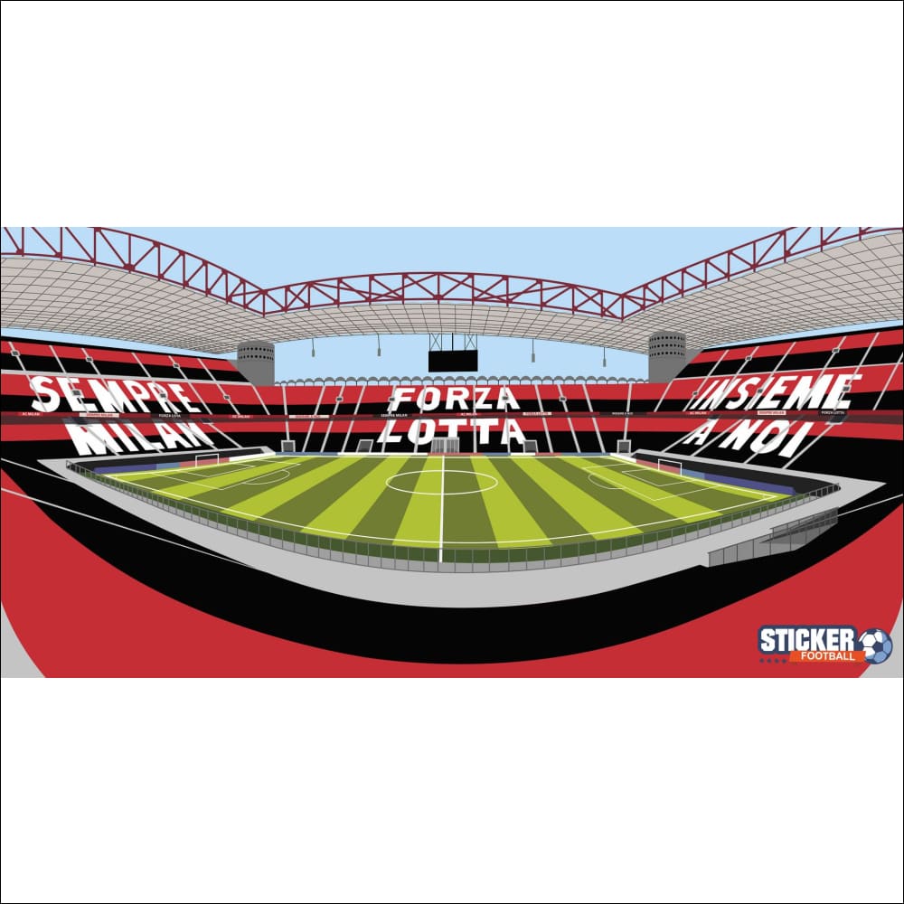 Stade de football rayé rouge et noir avec du texte blanc sur les sièges.