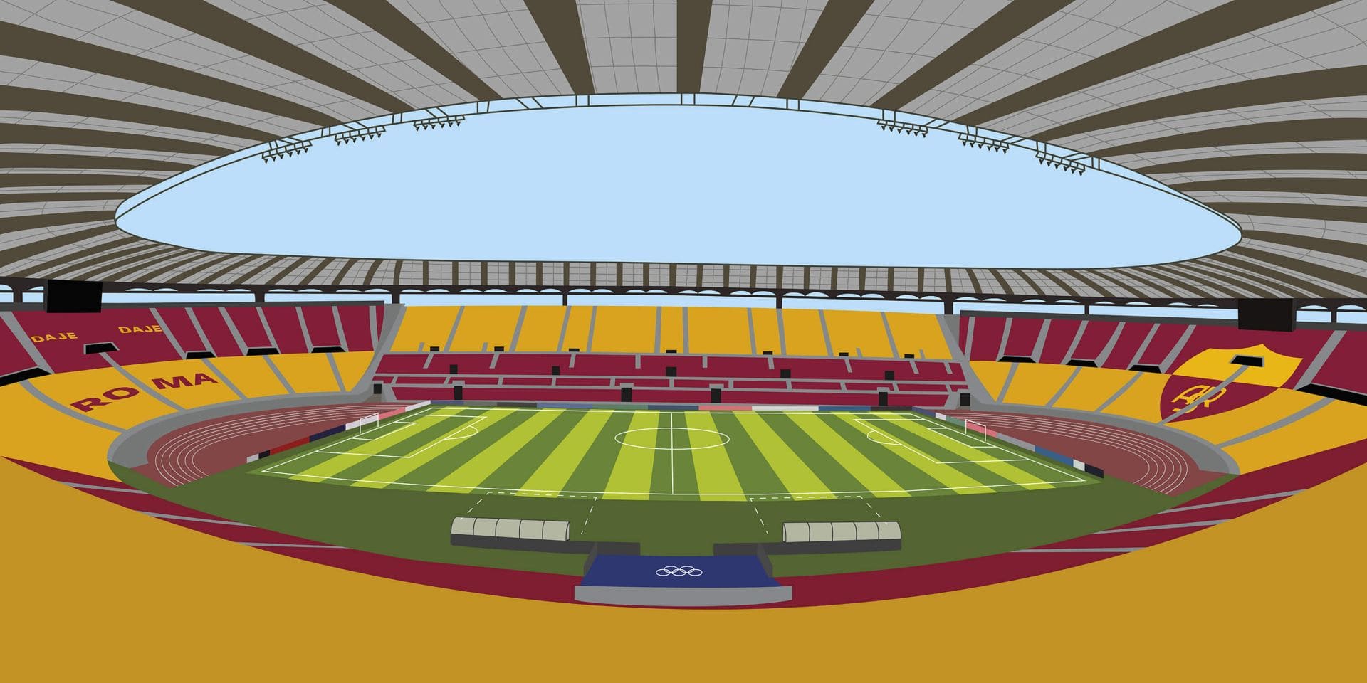 Stade olympique avec gazon vert et jaune, sièges rouges, toit blanc.
