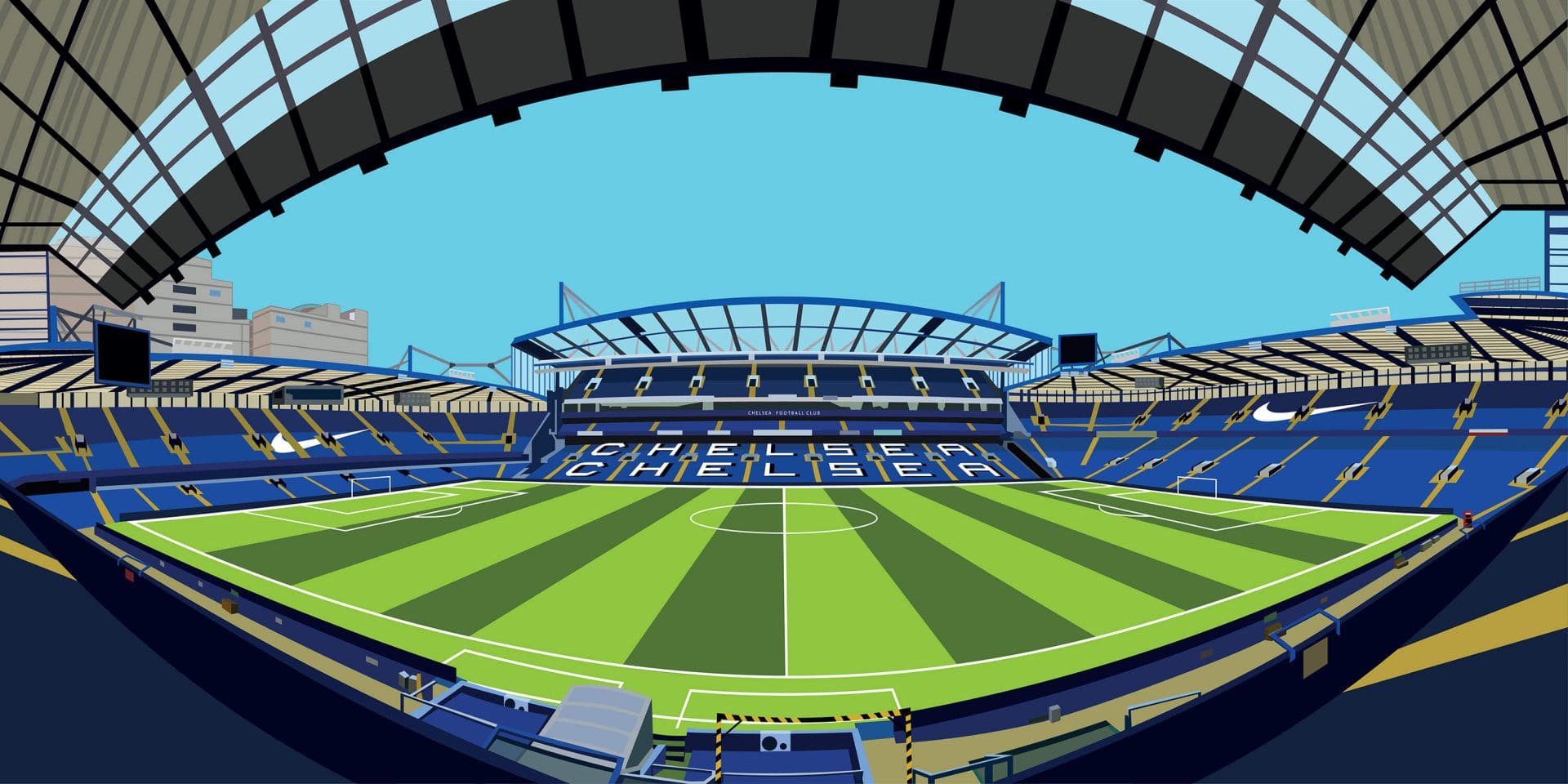 Stade de football bleu et vert avec toit en verre et sièges.