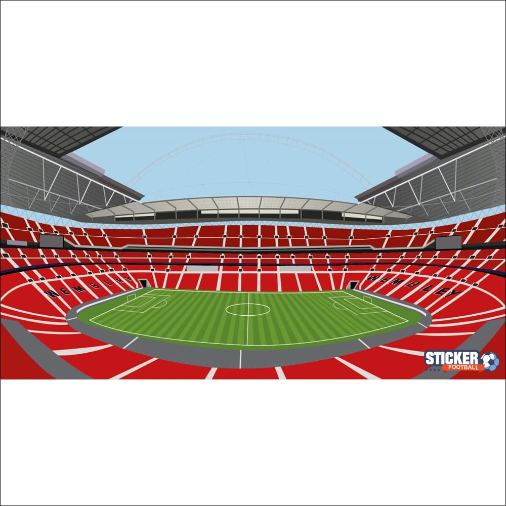 Stade de football rouge et vert avec des sièges blancs et un toit noir.