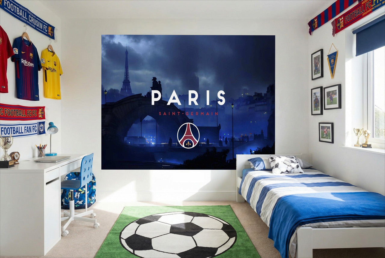 Papier peint football paris saint-germain avec logo sur fond nuit bleu foncé et tour eiffel éclairée