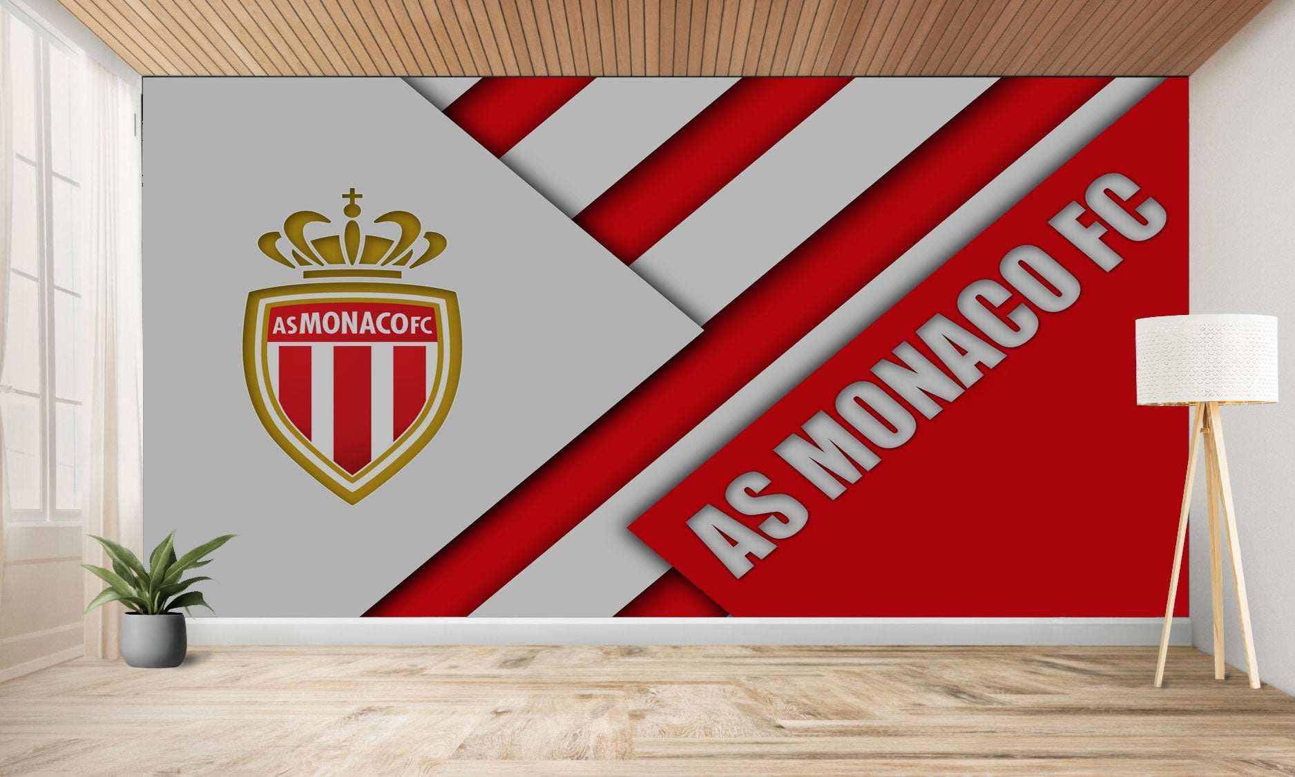 Murale représentant le logo de l’AS Monaco FC et le nom de l’équipe dans un motif géométrique rouge, blanc et gris.