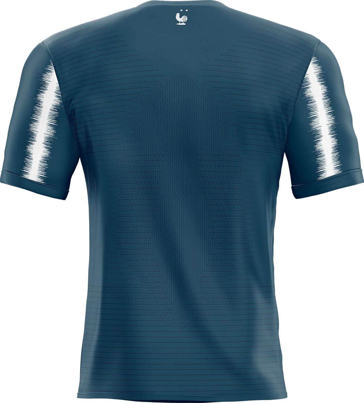 Maillot équipe de france de couleur bleu sarcelle avec rayures blanches texturées sur les manches et logo coq blanc au col