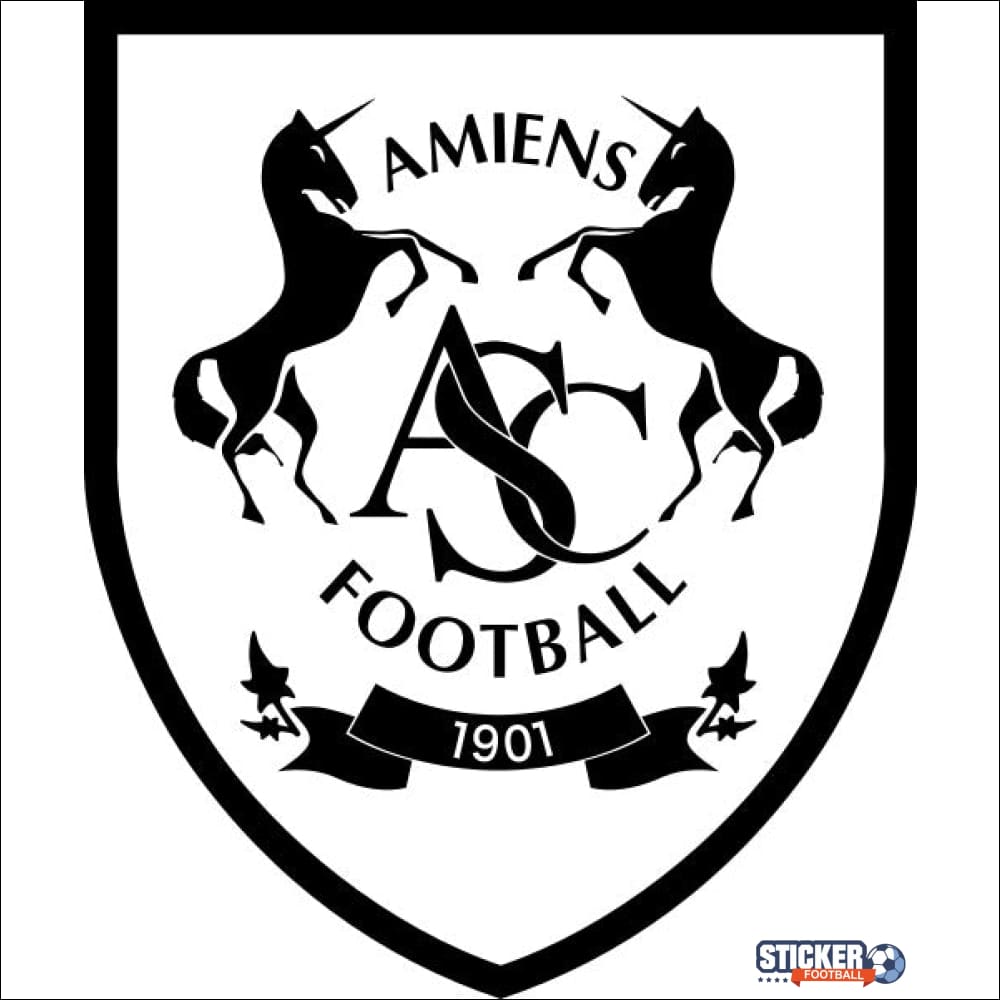 Emblème noir et blanc en forme de bouclier avec deux licornes qui se cabrent et les lettres ’ASC’ entrelacées.