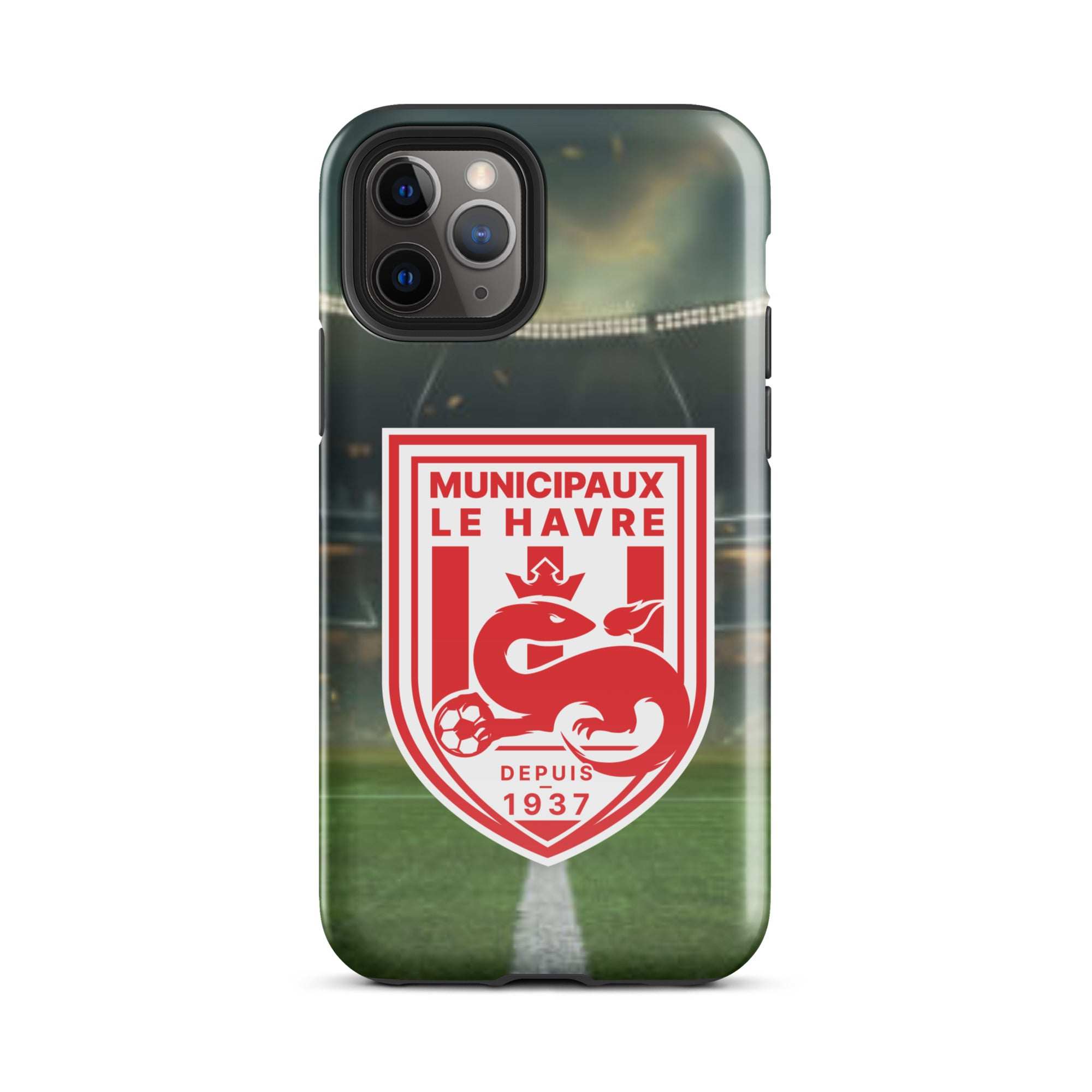 Un étui pour iPhone représentant un stade de football et un écusson rouge et blanc.