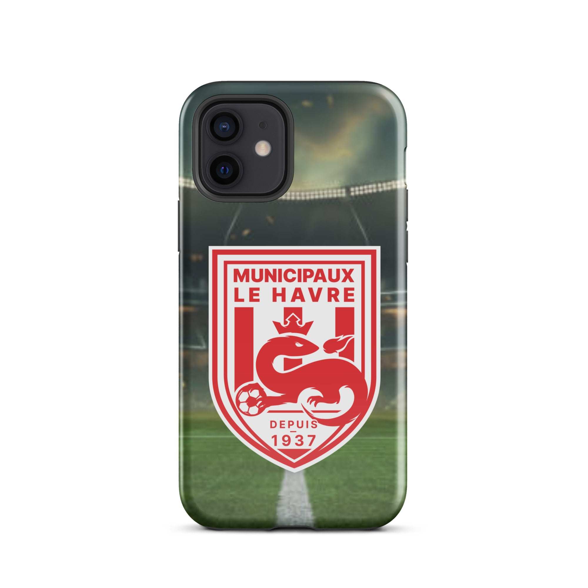Une coque pour iPhone 12 ou 12 Pro avec un stade de football et un logo rouge et blanc.
