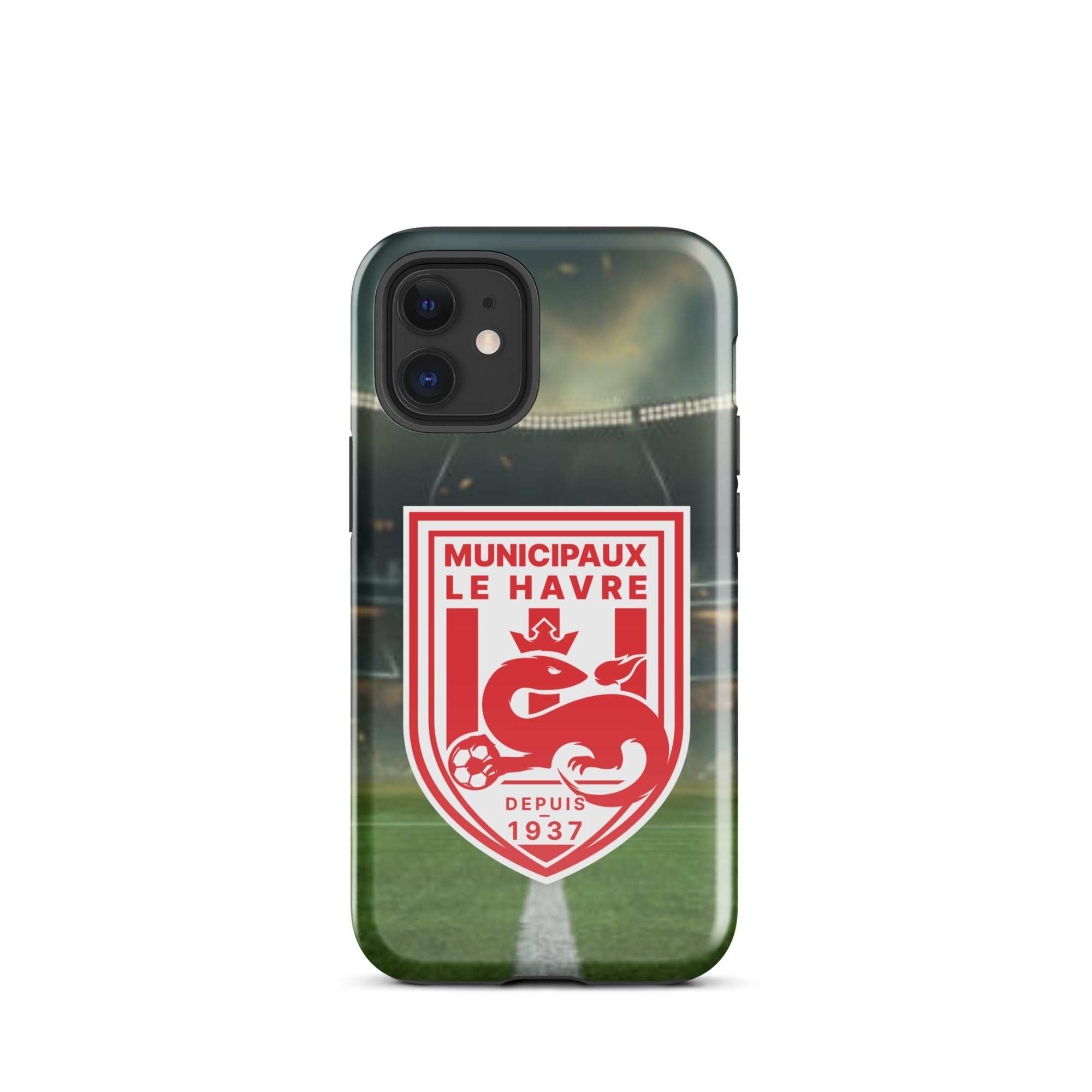 Coque noire pour iPhone 12 Pro avec un terrain de football et le logo d’une équipe rouge