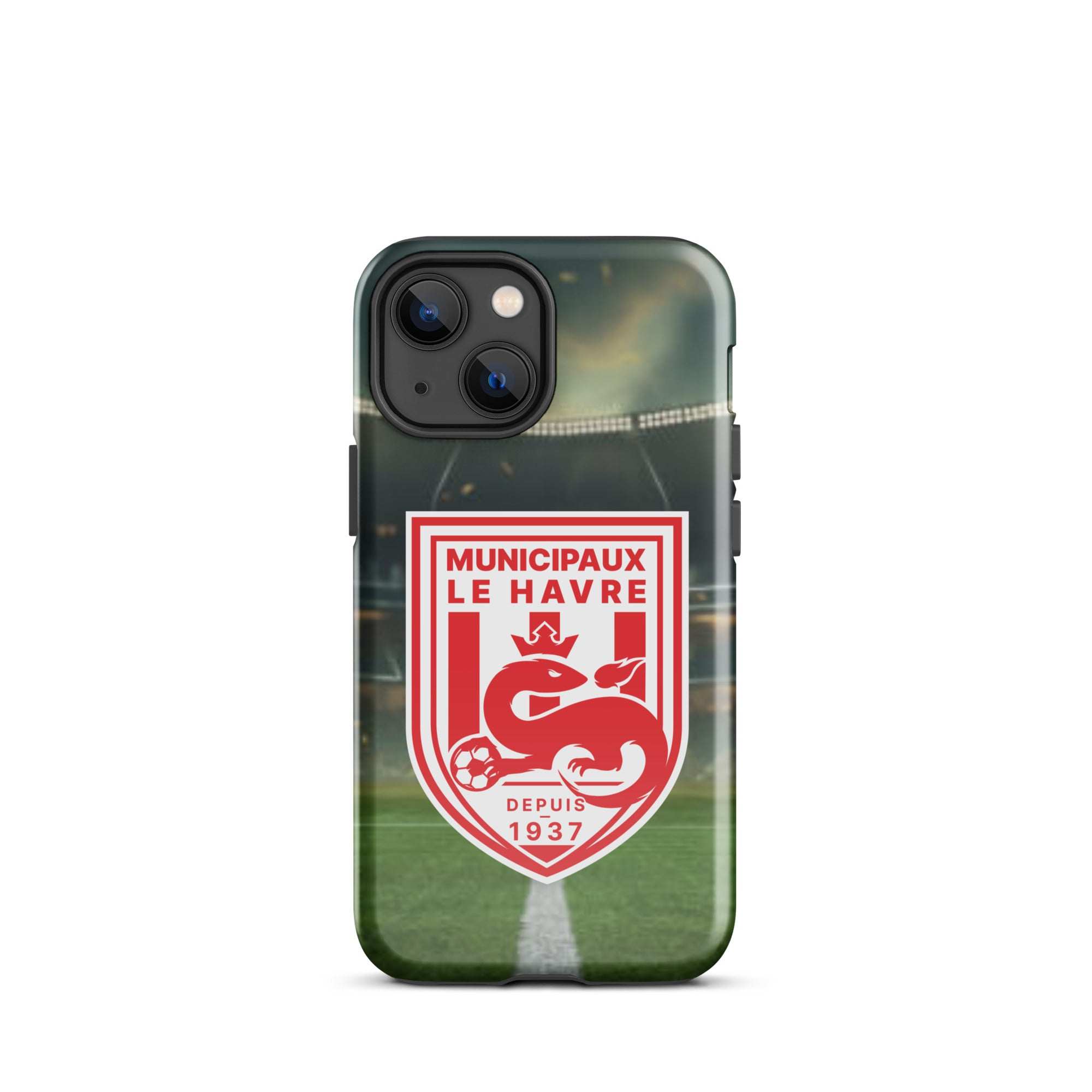 Smartphone doté d’une coque sur le thème des stades de football, avec un écusson rouge et blanc.